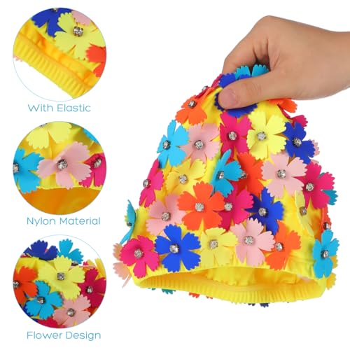 Veemoon Women Faric Floral Petal Swim Cap, Floral Retro Style Fabric Bathing Cap Fashionable Swimming Hat with Three-Dimensional Flower for Lady Girls Long/Short Hair Bathing Swimming - Image 4