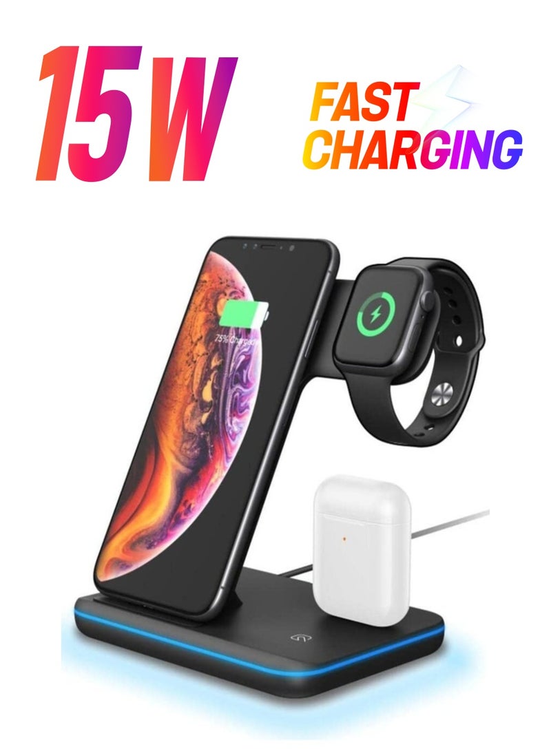 3-In-1 Fast Wireless Charger | Wireless Charging Station 15W Qi Fast Wireless Charger Stand Mainly Compatible For Smart phones | Smart watches | Earphones & someTWS MultiCharger - Image 1