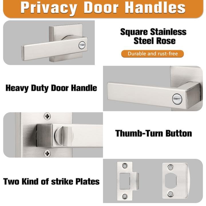 Probrico Interior Brushed Nickel Door Handle, Heavy Duty, Flat Square Privacy Door Handles, Keyless Door Levers Lockset For Bedroom And Bathroom (6 Pack, Modern) - Image 3