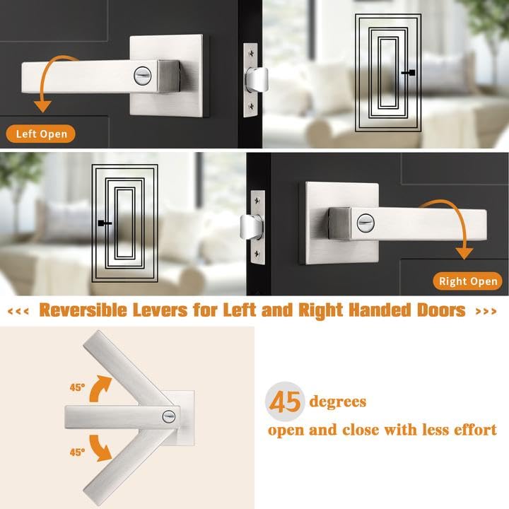 Probrico Interior Brushed Nickel Door Handle, Heavy Duty, Flat Square Privacy Door Handles, Keyless Door Levers Lockset For Bedroom And Bathroom (6 Pack, Modern) - Image 5