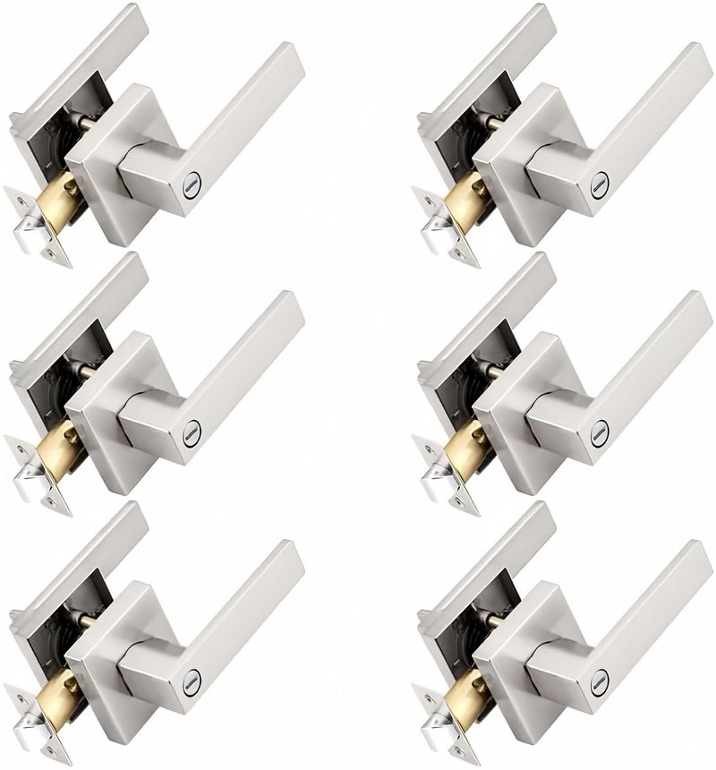 Probrico Interior Brushed Nickel Door Handle, Heavy Duty, Flat Square Privacy Door Handles, Keyless Door Levers Lockset For Bedroom And Bathroom (6 Pack, Modern) - Image 1