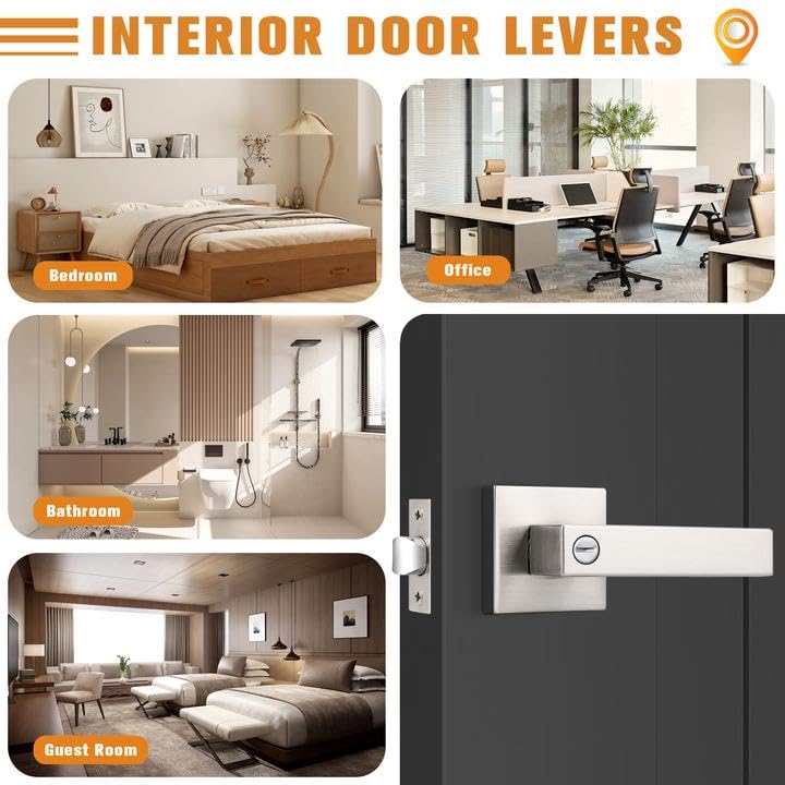 Probrico Interior Brushed Nickel Door Handle, Heavy Duty, Flat Square Privacy Door Handles, Keyless Door Levers Lockset For Bedroom And Bathroom (6 Pack, Modern) - Image 4