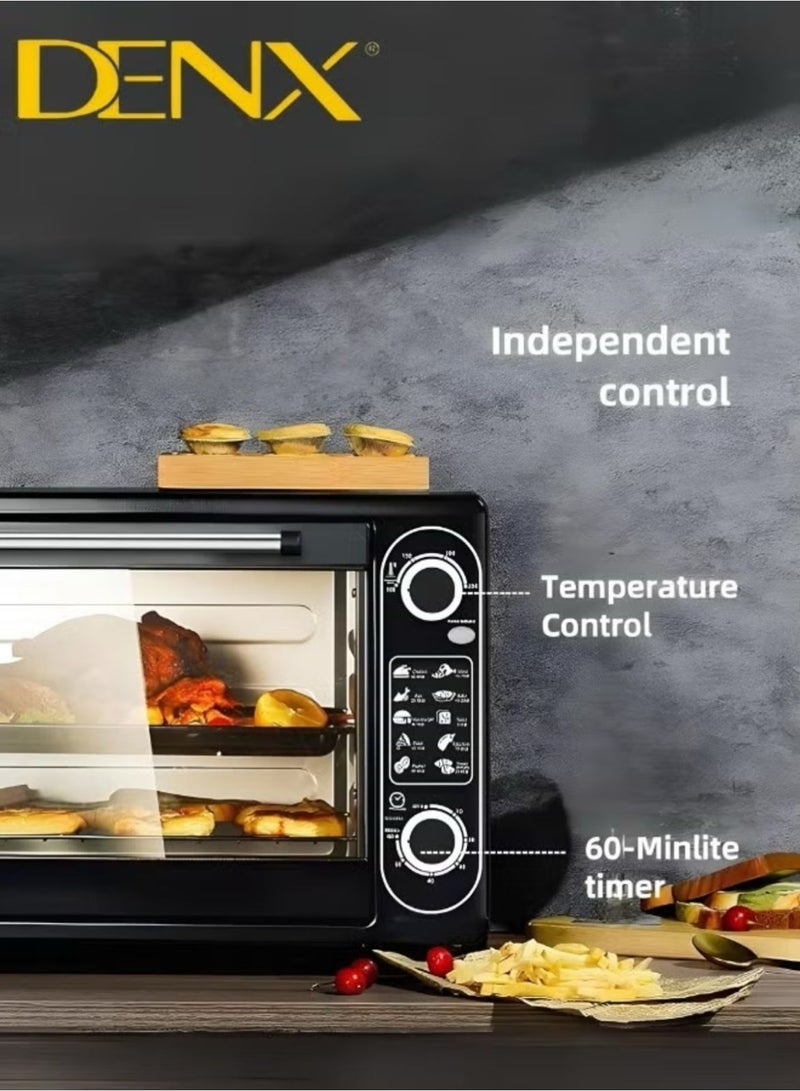دينكس فرن 48 لتر 2000 واط قابل للتحكم في درجة الحرارة درجة مئوية ومؤقت 60 دقيقة و3 اوضاع تسخين منزلية متعددة الوظائف لخبز الكيك وشواية كهربائية بثلاث طبقات مع مصباح موقد وزجاج مقوى - Image 4