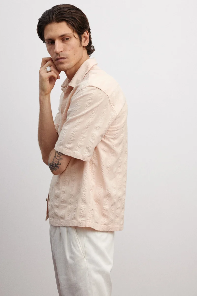 H&M Orange Dusty Light Regular Fit Textured short-sleeved shirt for Men | Best Price UAE