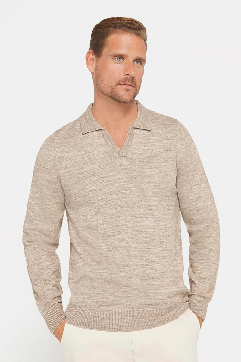 تودورس Men's Slim Fit Slim Cut Polo V Neck Beige Knitwear Sweater