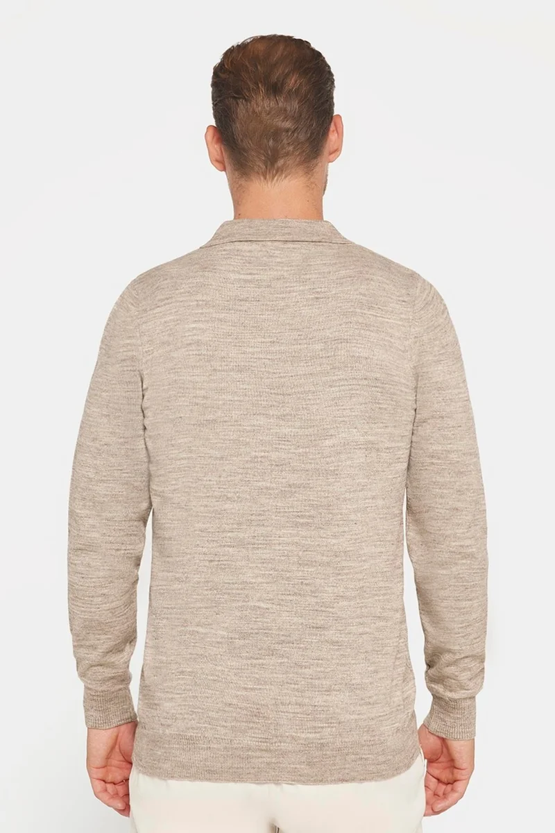 تودورس Men's Slim Fit Slim Cut Polo V Neck Beige Knitwear Sweater