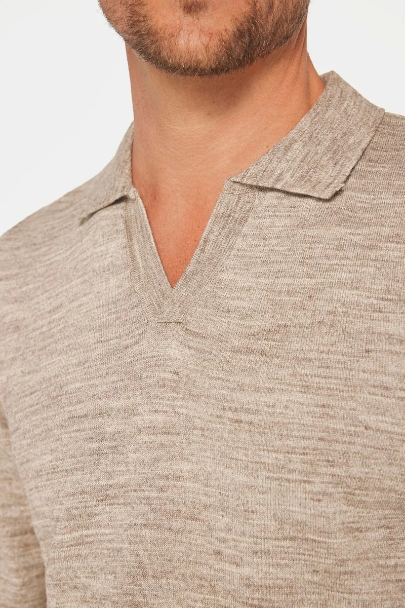 تودورس Men's Slim Fit Slim Cut Polo V Neck Beige Knitwear Sweater