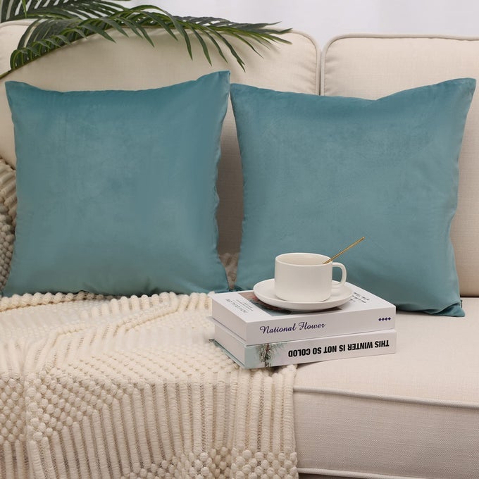 PACK OF 2 VELVET SUPER SOFT SOLID DECORATIVE SQUARE THROW PILLOW COVERS SET CUSHION CASE FOR SOFA BEDROOM CAR 18 X 18 INCH 45 X 45 CM AQUA GREEN