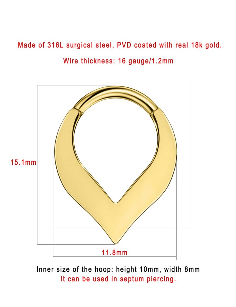 FANSING 18k Gold-plated Teardrop Septum Rings for Women 16g Septum Jewelry 16 Gauge Septum Clicker Surgical Steel Septum Piercing Rings 8mm Septum Hoop - Image 2