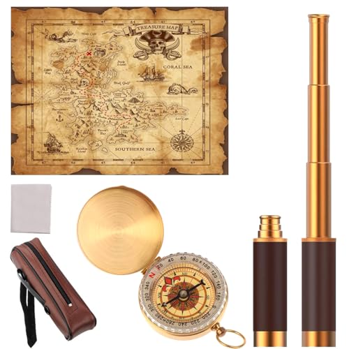 CatemRC Pirate Accessories, Pirate Telescope with Treasure Map and Pocket Compass, Handheld Collapsible 25x30 Zoomable Monocular Spy Glasses, Brass Compass and Telescope for Party Cosplay Boy Gifts - Image 1
