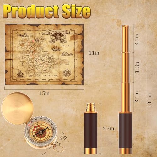 CatemRC Pirate Accessories, Pirate Telescope with Treasure Map and Pocket Compass, Handheld Collapsible 25x30 Zoomable Monocular Spy Glasses, Brass Compass and Telescope for Party Cosplay Boy Gifts - Image 2