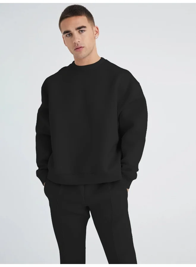 مانياك طقم سويت شيرت وبنطلون رياضي رجالي قطن بيج سادة بياقة دائرية