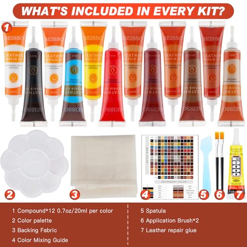 SEISSO 12 Colors Leather Vinyl Repair Kit, With Glue and Backing Fabric, For Couch Furniture Car Seat, Repair Tear Scratch, Non-Toxic Leather Repair Paint Gel, Provide Color Matching Guide and Instructions - Image 2