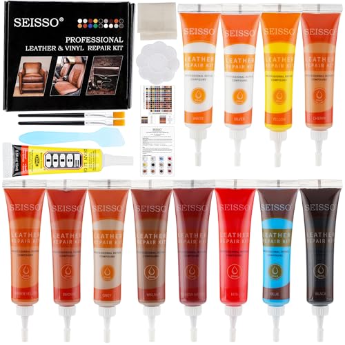 SEISSO 12 Colors Leather Vinyl Repair Kit, With Glue and Backing Fabric, For Couch Furniture Car Seat, Repair Tear Scratch, Non-Toxic Leather Repair Paint Gel, Provide Color Matching Guide and Instructions - Image 1