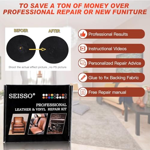 SEISSO 12 Colors Leather Vinyl Repair Kit, With Glue and Backing Fabric, For Couch Furniture Car Seat, Repair Tear Scratch, Non-Toxic Leather Repair Paint Gel, Provide Color Matching Guide and Instructions - Image 4