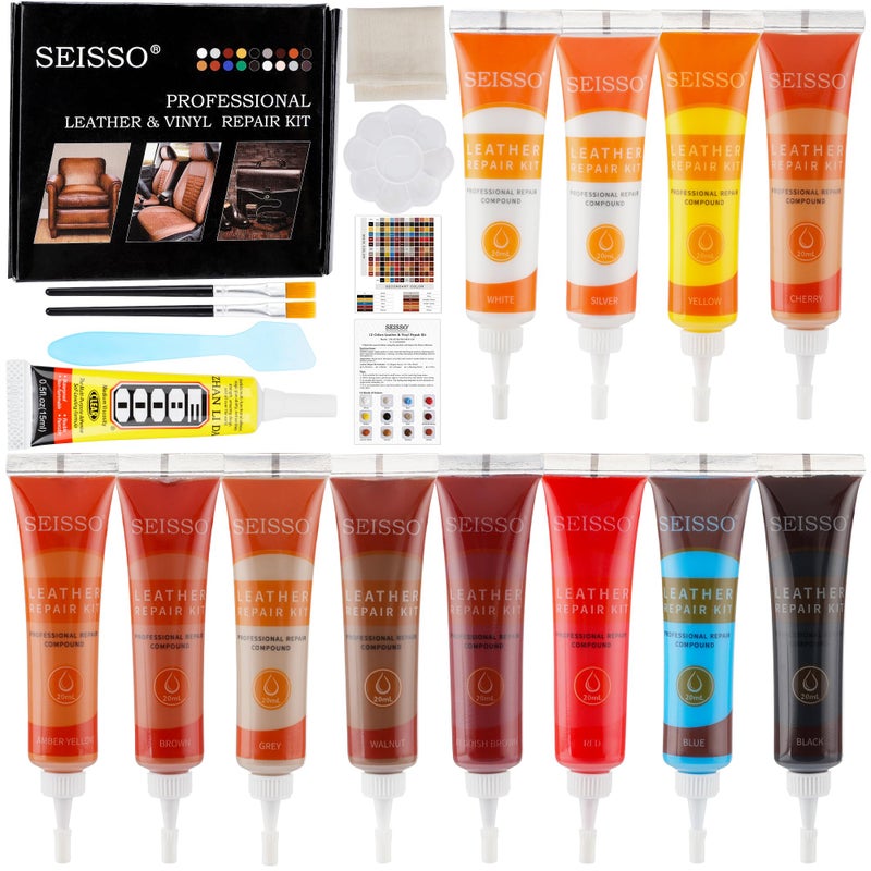 SEISSO 12 Colors Leather Vinyl Repair Kit, With Glue and Backing Fabric, For Couch Furniture Car Seat, Repair Tear Scratch, Non-Toxic Leather Repair Paint Gel, Provide Color Matching Guide and Instructions - Image 5