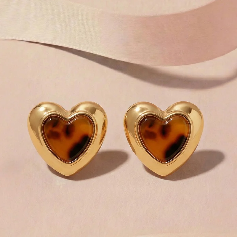 Palmonas 18K Gold Tone Plated Bold Amber Heart Stud Earrings For Women - Waterproof & Anti-Tarnish