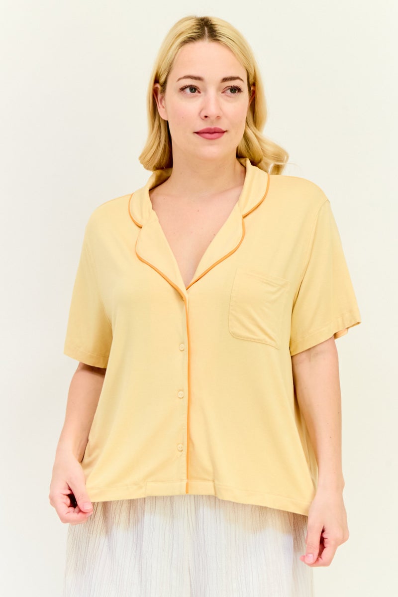 Aerie Women Solid Short Sleeves Sleepwear Top, Beige - Image 1