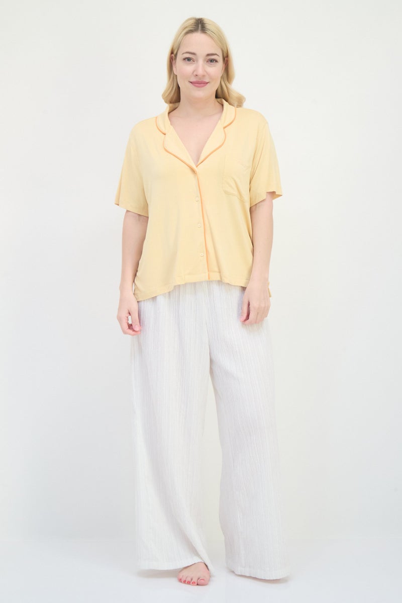 Aerie Women Solid Short Sleeves Sleepwear Top, Beige - Image 4