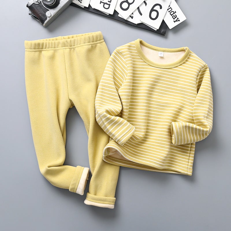Kids Warm Velvet Cotton Underwear Set Striped yellow (fleece-lined) 