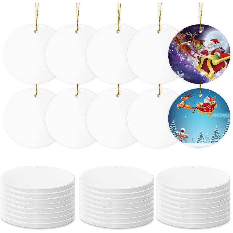 AMONE Sublimation Ceramic Ornament Blanks  25PC Bulk White Round Porcelain Discs for Heat Press Printing  Personalized Xmas Tree Keepsake Crafts Gift 