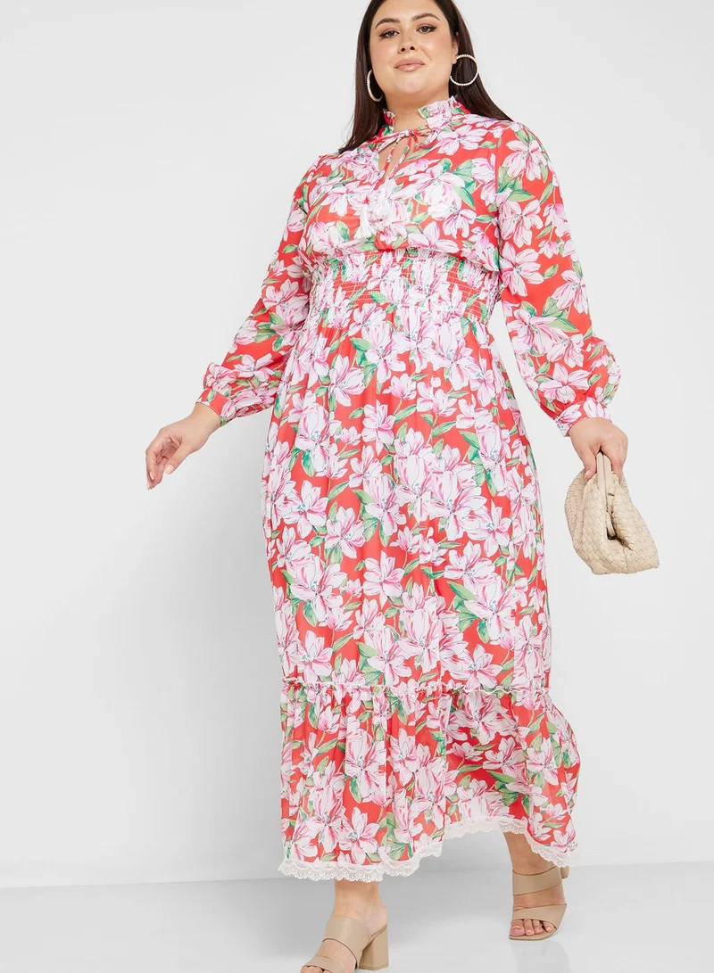 Ella Plus Printed Tie Neck Fit & Flare Dress