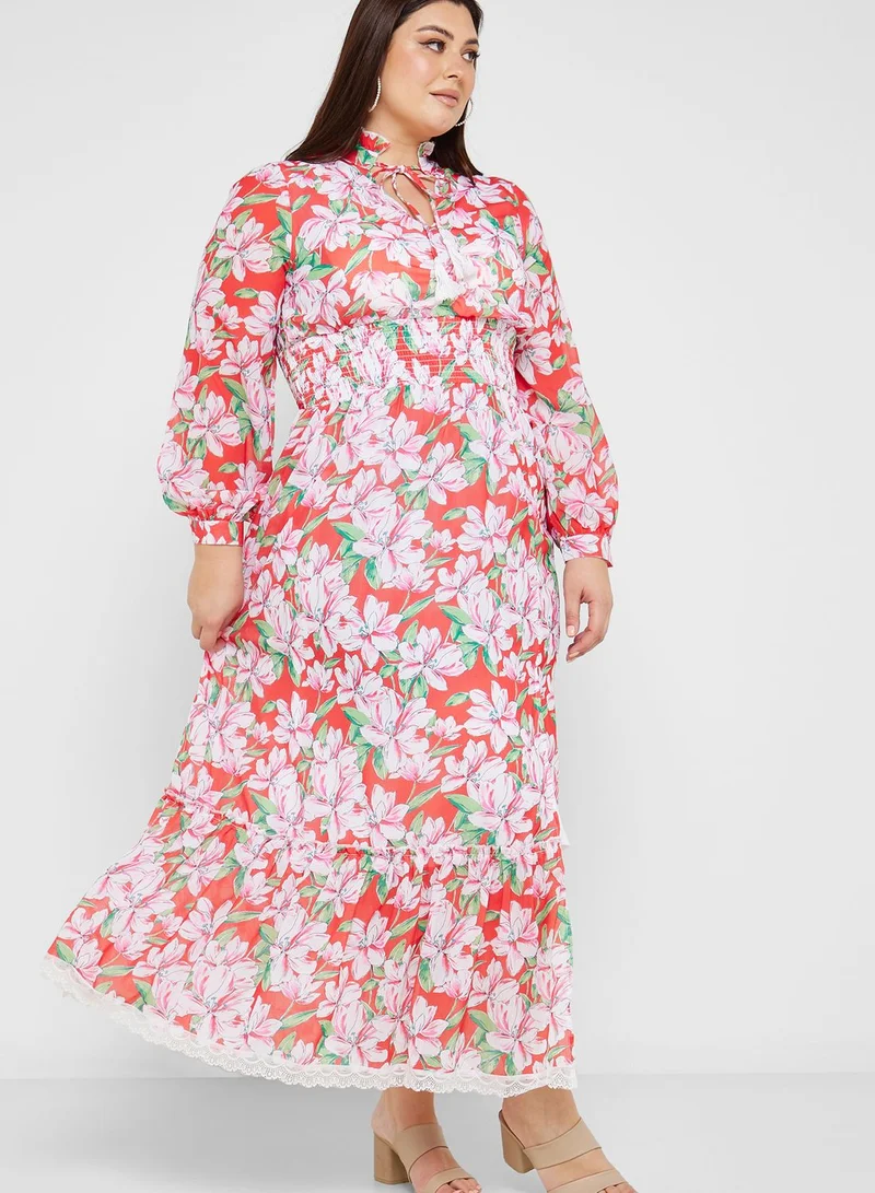 Ella Plus Printed Tie Neck Fit & Flare Dress