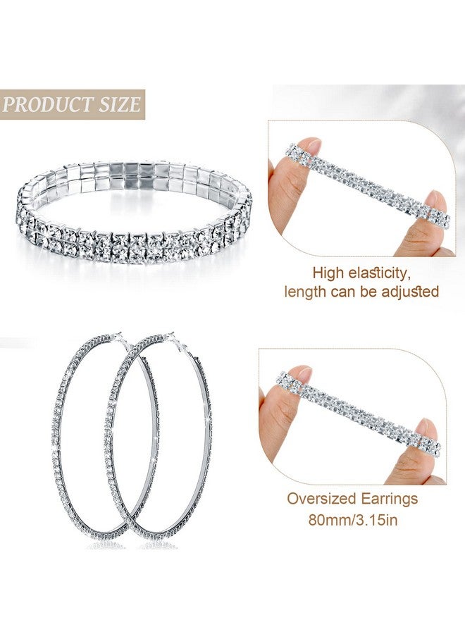 Sureio 3 Count Women'S Jewelry Set, Silver Rhinestone Choker Necklace, Crystal Bracelet, Big Hoop Earrings For Wedding Bridal Party (2 Row) - Image 5