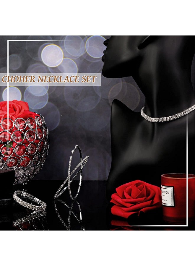 Sureio 3 Count Women'S Jewelry Set, Silver Rhinestone Choker Necklace, Crystal Bracelet, Big Hoop Earrings For Wedding Bridal Party (2 Row) - Image 3