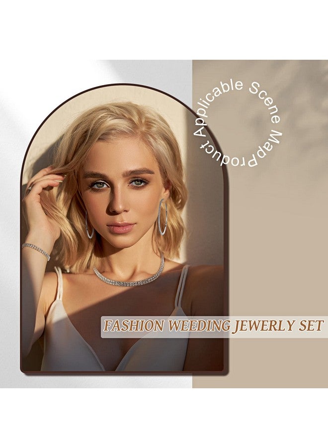 Sureio 3 Count Women'S Jewelry Set, Silver Rhinestone Choker Necklace, Crystal Bracelet, Big Hoop Earrings For Wedding Bridal Party (2 Row) - Image 2