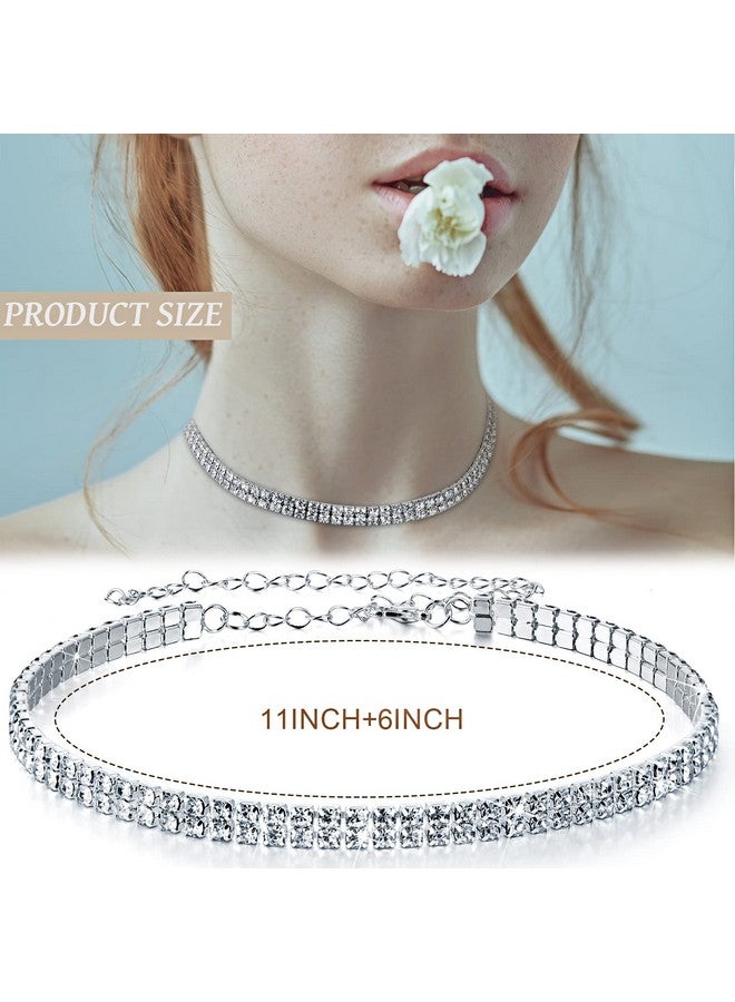 Sureio 3 Count Women'S Jewelry Set, Silver Rhinestone Choker Necklace, Crystal Bracelet, Big Hoop Earrings For Wedding Bridal Party (2 Row) - Image 4