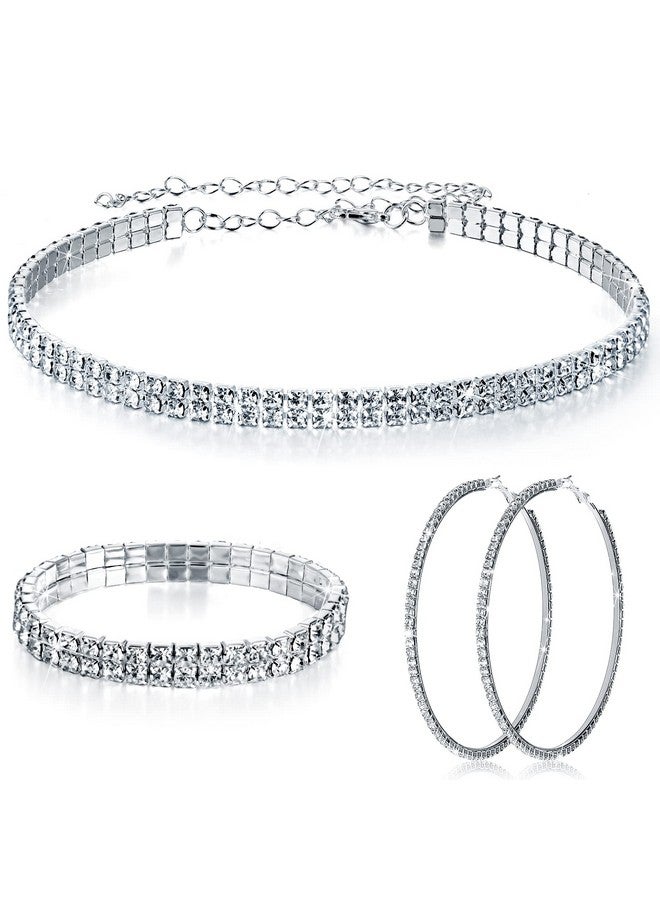 Sureio 3 Count Women'S Jewelry Set, Silver Rhinestone Choker Necklace, Crystal Bracelet, Big Hoop Earrings For Wedding Bridal Party (2 Row) - Image 1