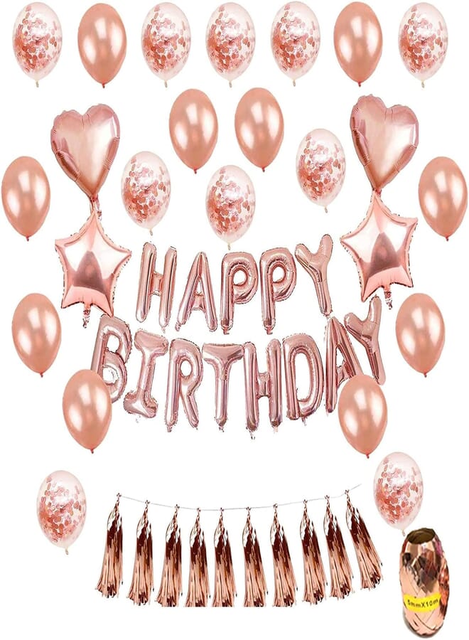 Secret Banner, Tassel Garland, Heart Star Foil Confetti Balloons and Table Confetti - 47 Pieces, Rose Gold