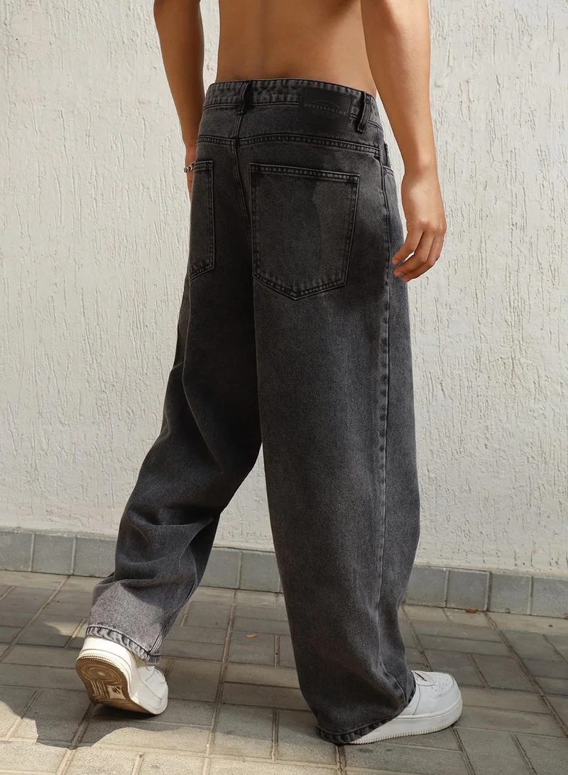 هوبرهولمي Men's Grey 100% Cotton Bleached Full Length Baggy Jeans