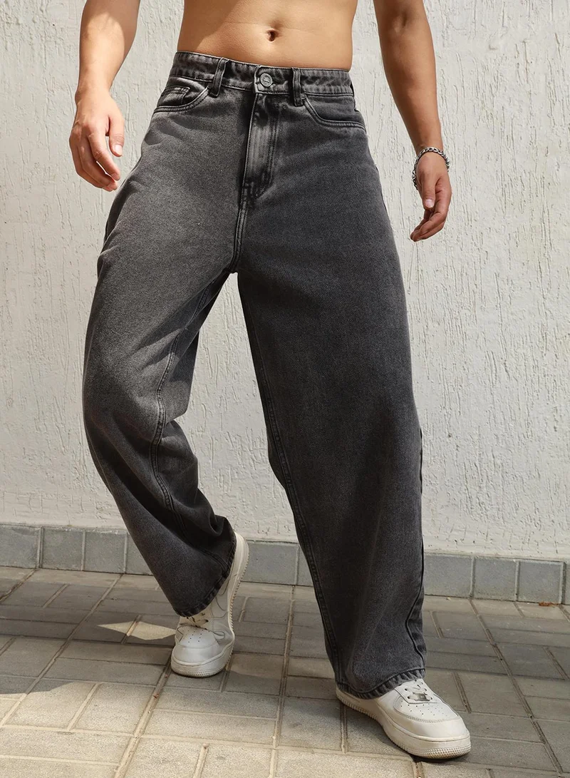 هوبرهولمي Men's Grey 100% Cotton Bleached Full Length Baggy Jeans