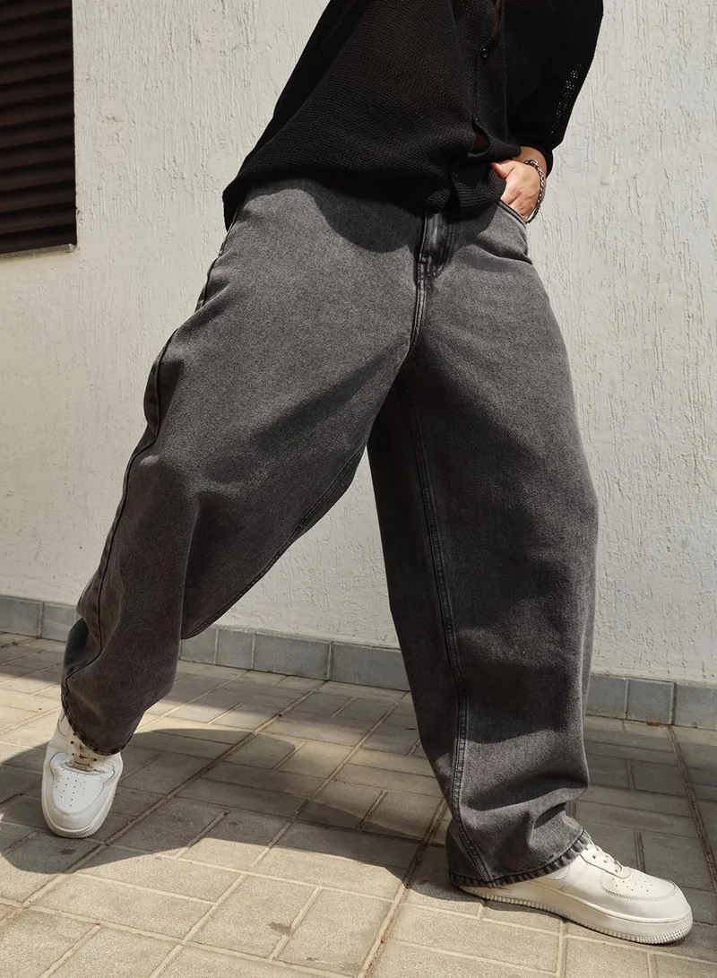 هوبرهولمي Men's Grey 100% Cotton Bleached Full Length Baggy Jeans
