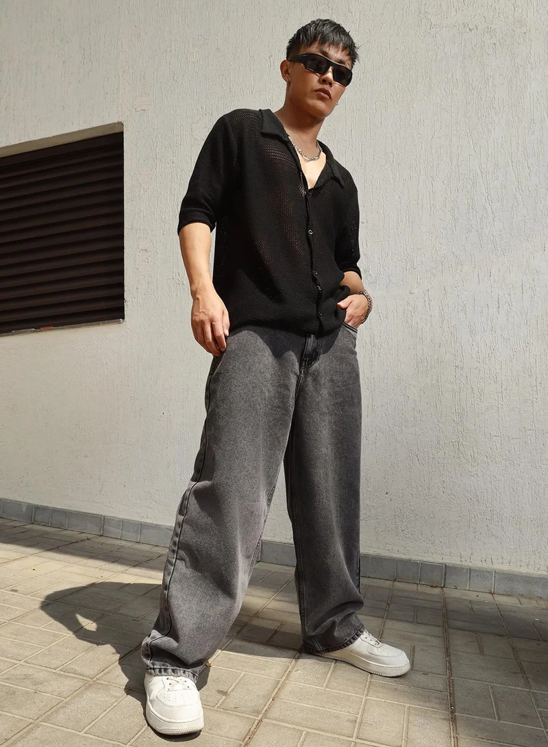 هوبرهولمي Men's Grey 100% Cotton Bleached Full Length Baggy Jeans