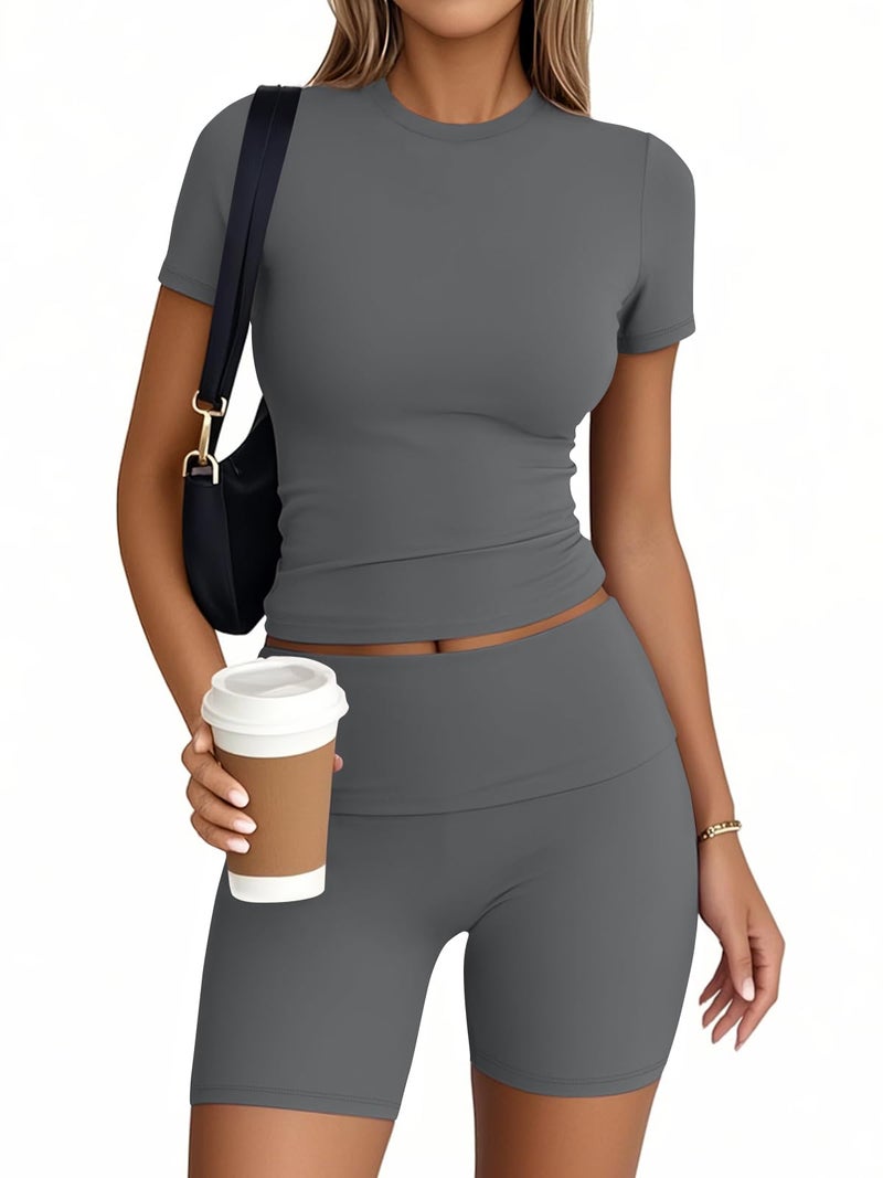 Trendy Queen 2 Piece Summer Cute Workout Sets Gym Short Set Pilates Yoga Outfits Going Out Spring Athletic Comfy Active Wear DarkGrey M - Image 2