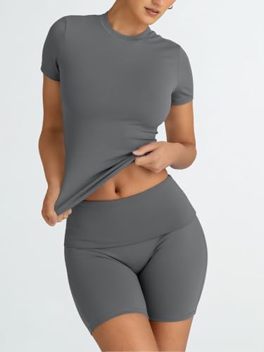 Trendy Queen 2 Piece Summer Cute Workout Sets Gym Short Set Pilates Yoga Outfits Going Out Spring Athletic Comfy Active Wear DarkGrey M - Image 3