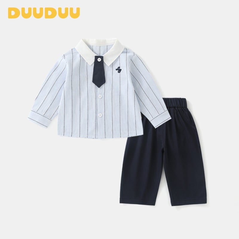 DUUDUU striped 2025 new baby spring clothes childrens clothing Korean style childrens shirt pants boys spring clothes black blue - Image 3