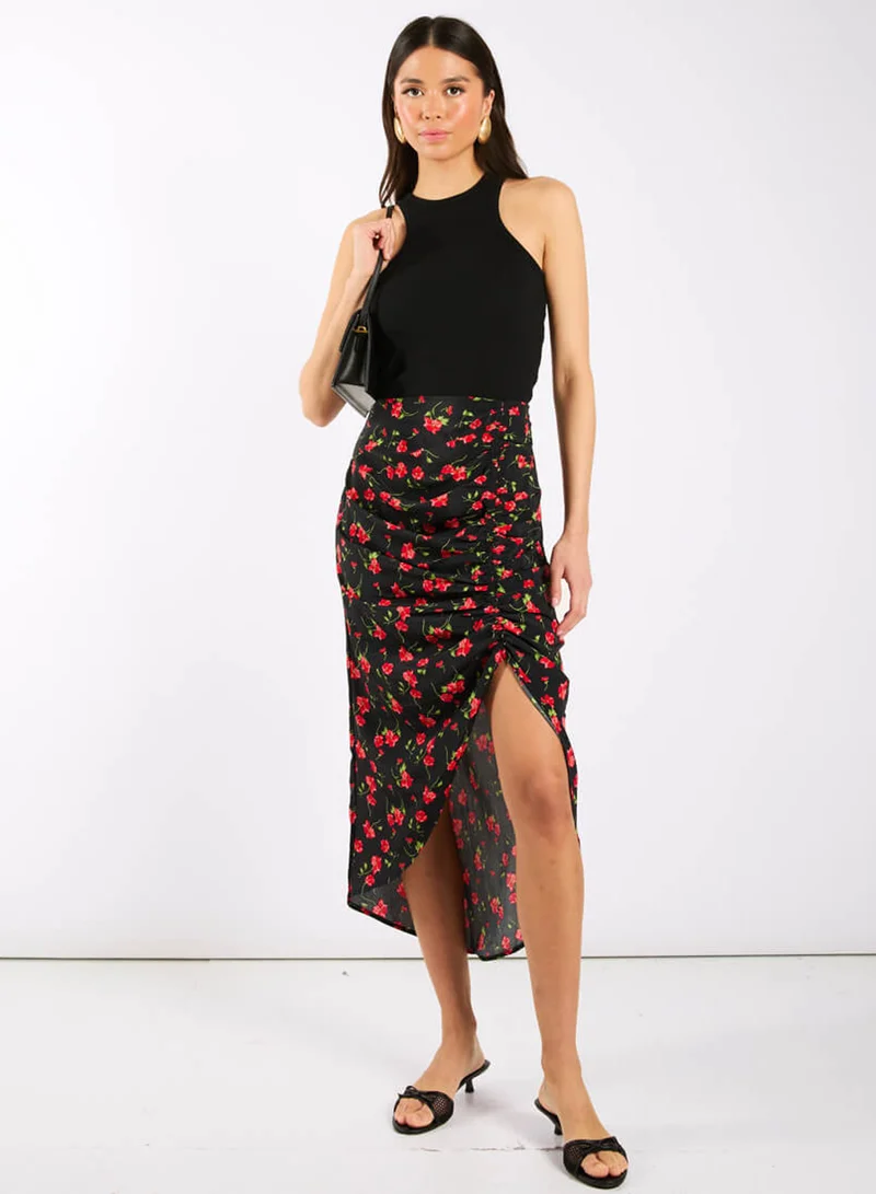 Needs No Label  Black Floral Ruche Side Midi Skirt for Women | Best Price UAE