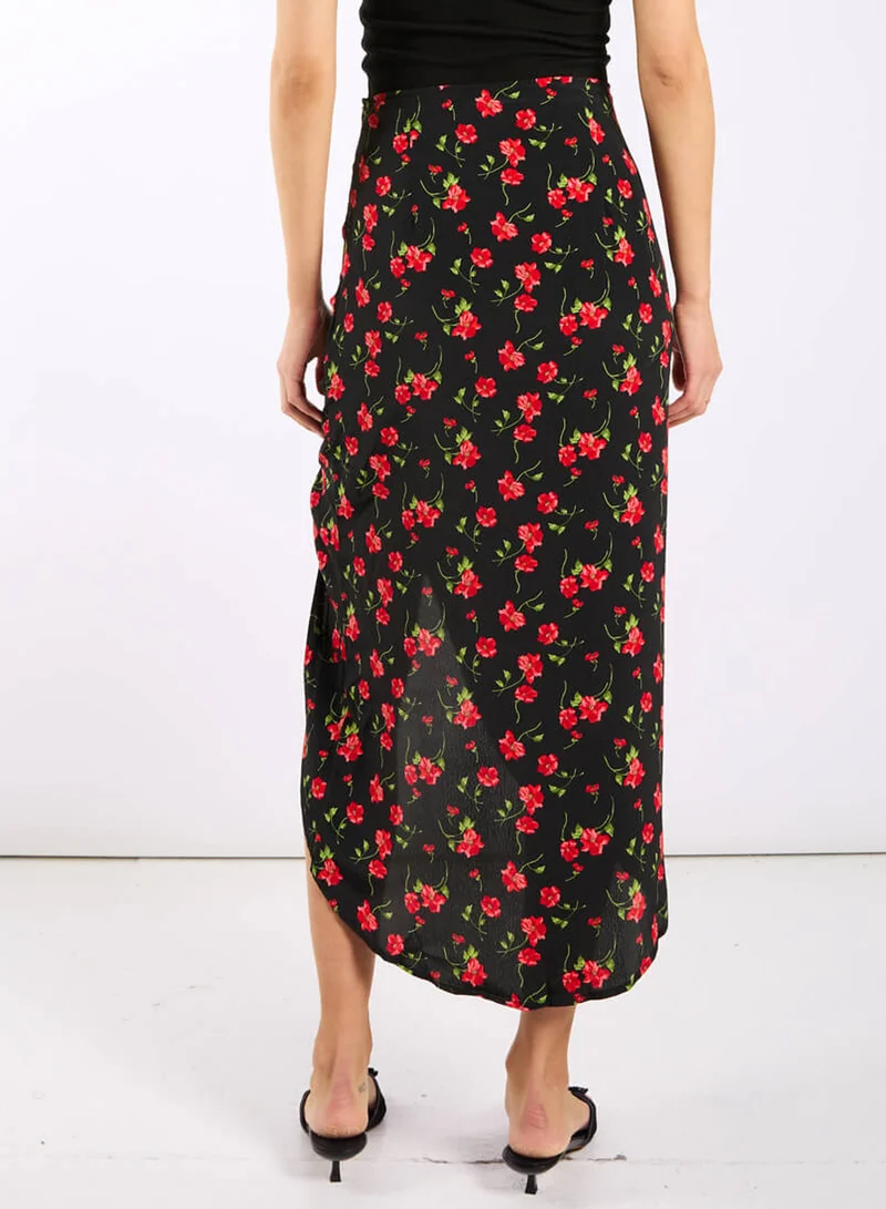 Needs No Label  Black Floral Ruche Side Midi Skirt for Women | Best Price UAE