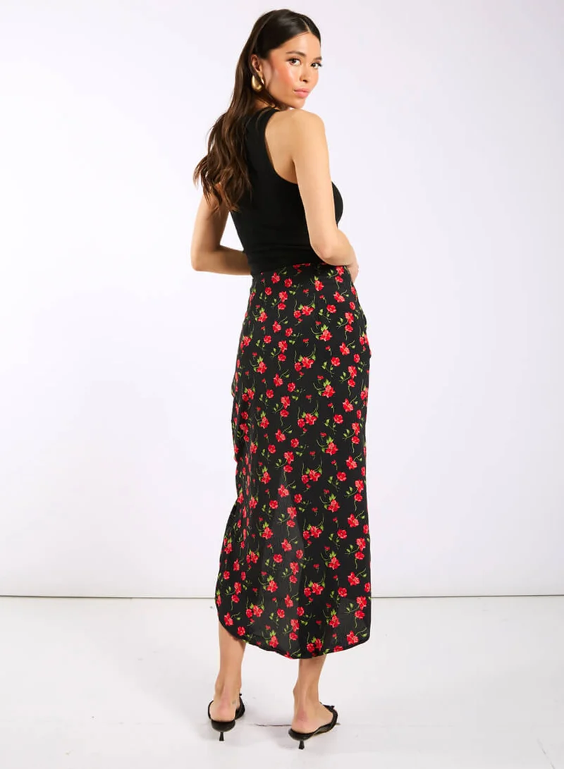 Needs No Label  Black Floral Ruche Side Midi Skirt for Women | Best Price UAE