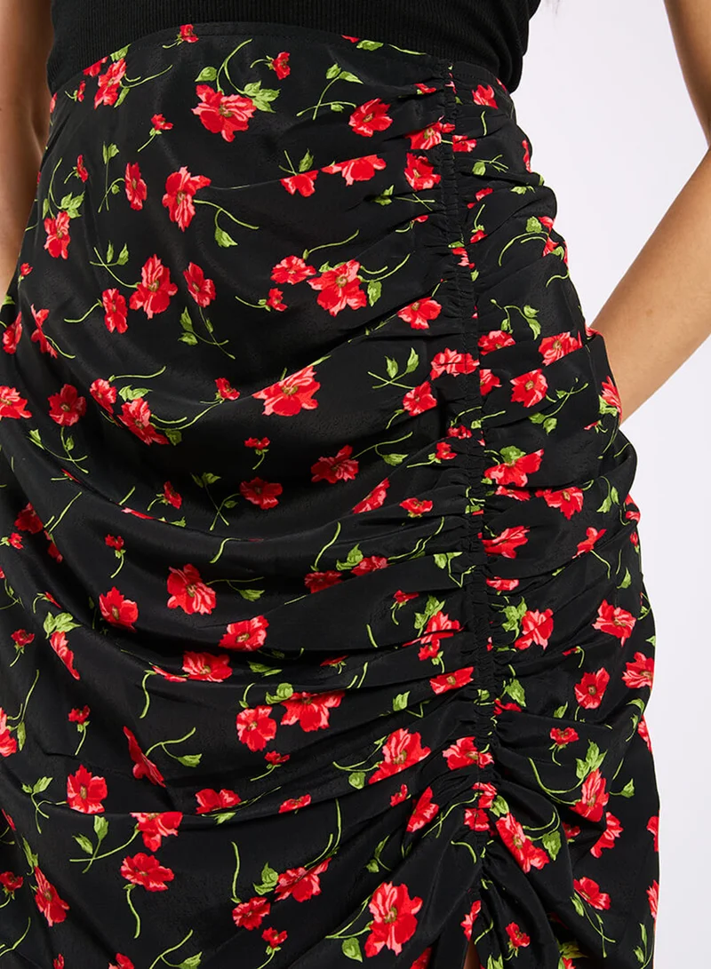 Needs No Label  Black Floral Ruche Side Midi Skirt for Women | Best Price UAE