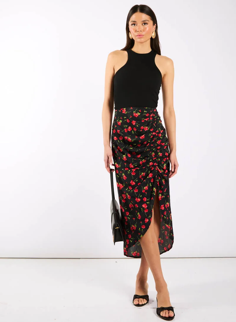 Black Floral Ruche Side Midi Skirt