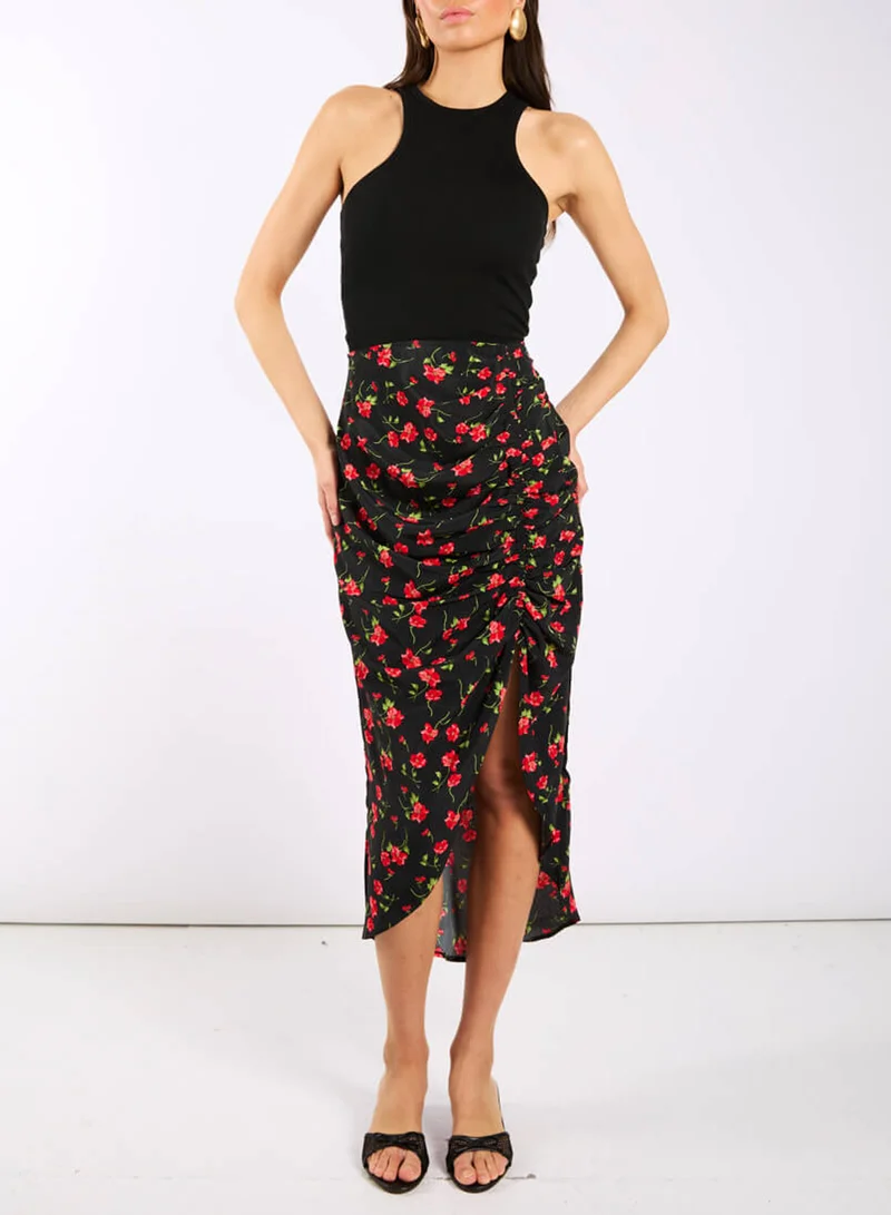 Needs No Label  Black Floral Ruche Side Midi Skirt for Women | Best Price UAE
