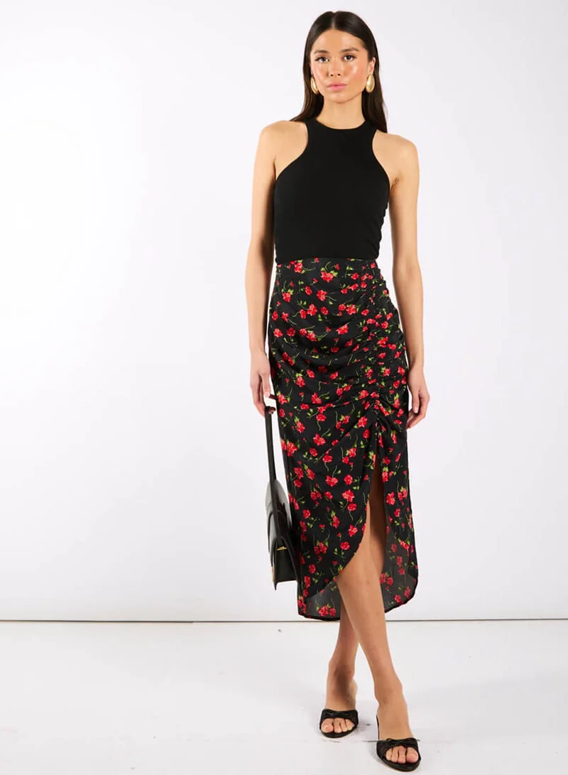 نيدز نو ليبل Black Floral Ruche Side Midi Skirt