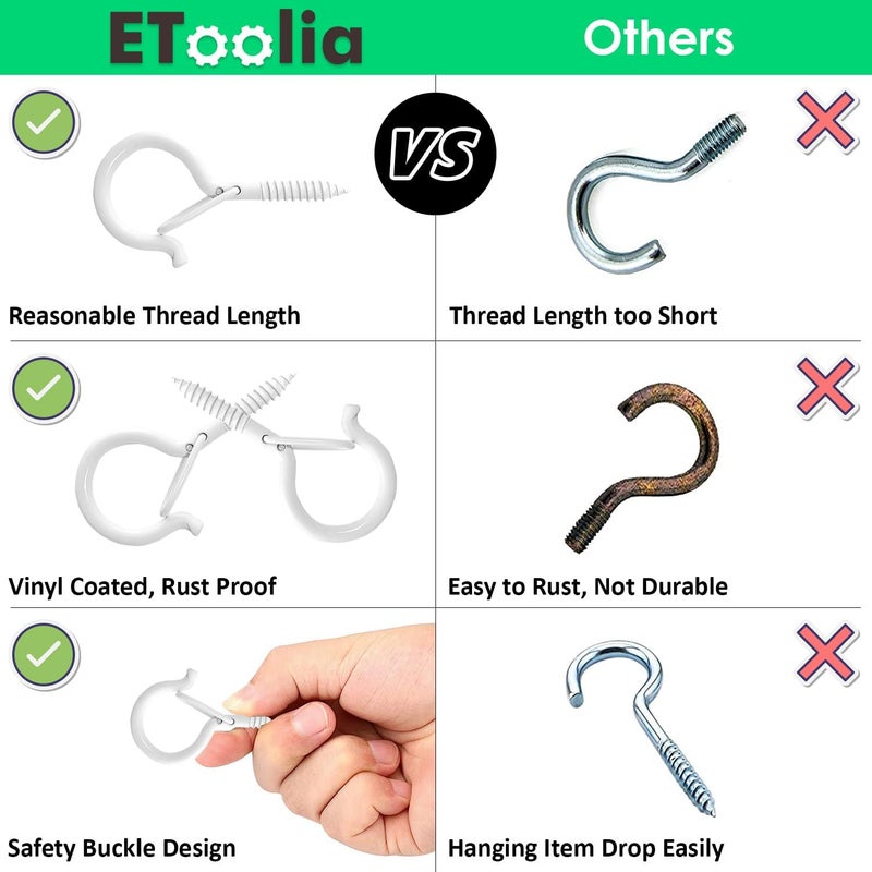 Etoolia 24 Pcs Q Hanger Hooks with Safety Buckle, Ceiling Hooks for Hanging Plants,Hanging Outdoor String Lights, Wind Chimes, Patio Lights & Party Decors, 2.2 Inches, White - Image 3