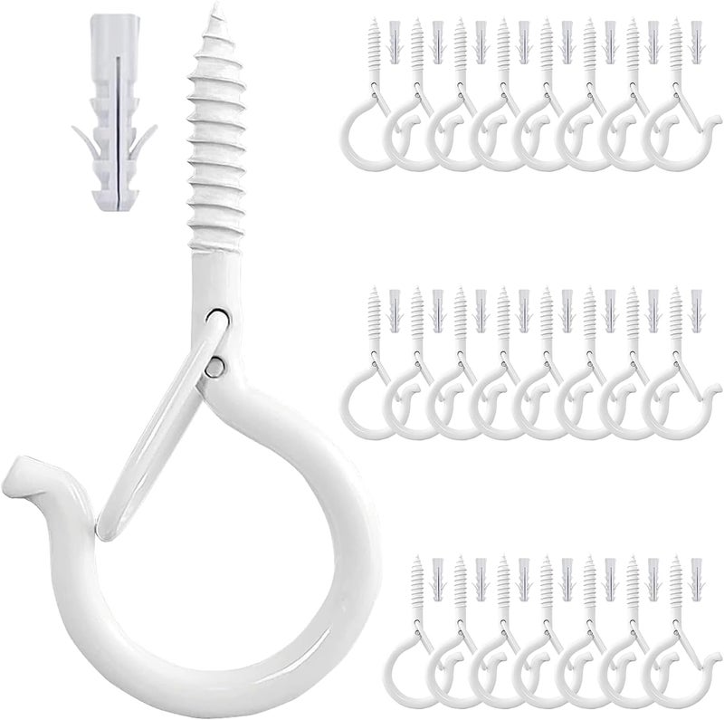 Etoolia 24 Pcs Q Hanger Hooks with Safety Buckle, Ceiling Hooks for Hanging Plants,Hanging Outdoor String Lights, Wind Chimes, Patio Lights & Party Decors, 2.2 Inches, White - Image 1
