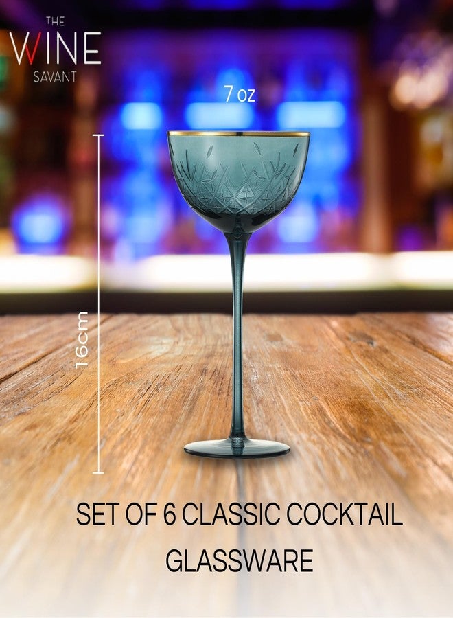 Khen Vintage Art Deco Coupe for Champagne, Martini, Cocktails | Set of 6 | 7 oz Classic Cocktail Glassware - Manhattan, Cosmopolitan, Sidecar, Crystal Speakeasy Style Saucer Goblets with Stems (Muted) - Image 2